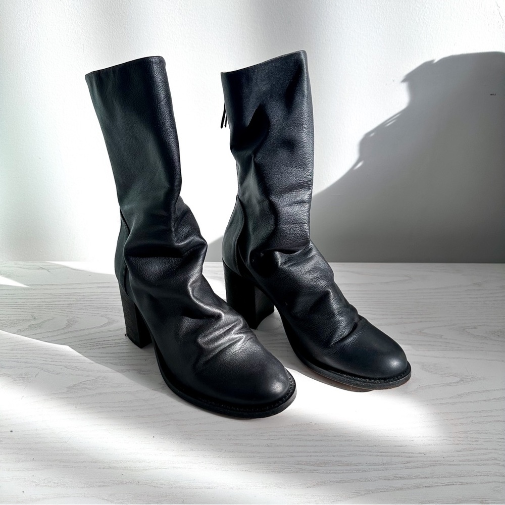 Free People Elle Block Heel Mid-Calf Boots in Black Leather